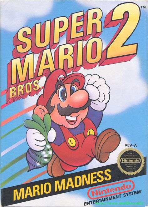 Feb 15, 2024 · Super Mario Bros. 2 is a platformer developed and published by Nintendo for the NES. It was released in North America in October 1988 , Europe on April 28, 1989 and Japan on July 14, 1992 . The game was also remade as part of the Super Mario All-Stars collection for the SNES , released on August 1, 1993 in North America and December 16, 1993 in ... 